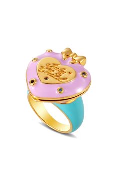 Hold a memory in this sweet locket ring featuring a heart-shaped design, colorful enamel and bezel-set crystals. 1" pendent Goldtone plate/enamel/crystal Imported Disney Pastel, Cloud Ring, Kids Jewelry Box, Golden Bow, Locket Ring, Precious Jewels, Glass Slipper, Cat Accessories, Socks And Sandals