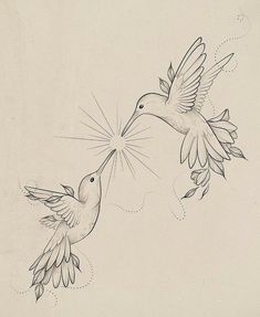 two birds flying next to each other with their beaks in the air and one bird has it's wings spread wide open