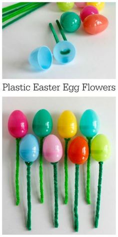 plastic easter egg flowers with green stems and colored eggs in them, sitting next to each other