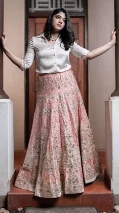 Lehenga With Shirt Indian Fashion, Satin Shirt With Lehenga, Sana Dress, Netted Blouse Designs, Buddha Canvas, Cotton Saree Blouse Designs, Indian Wedding Fashion