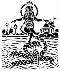 an image of the god sitting on top of a boat in water with waves and palm trees