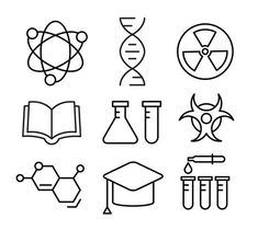 science icons are shown in black and white, including books, beakles, flasks