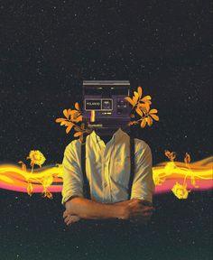 a man with an old school boombox on his head in front of some flowers