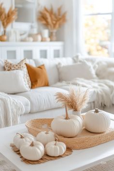 Cozy living room with DIY Fall Decor featuring painted white pumpkins, pampas grass, and a neutral palette. Perfect for farmhouse table centerpieces. White Couch Fall Decor, Pastel Fall Decor, Outdoor Fall Decor, Modern Fall Decor, Easy Fall Decor, Cozy Fall Decor, Fall Decor Inspiration, White Couches, Autumn Display