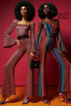 This is a retro style disco outfit inspo for black women and vintage Americana chic.  This is the 1970's vintage style fashion and outfit for disco dancers in the Disco era.  Sequins disco outfit in different colors with a large tummy belt to complement the jumpsuit Disco Outfit Black Women, Disco Black Women, Pimp Outfit Women, Motown Theme Party Outfit Women, 70s Aesthetic Black Women, Disco Butterfly, 80s Disco Outfit, Disco Outfit For Women