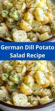 two plates filled with potato salad next to another plate full of potatoes and topped with dill