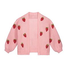 a pink cardigan with strawberries on the front and back, sitting against a white background