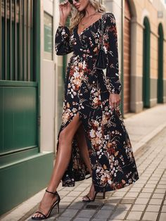 F00272404-103 Floral Print V-neck Maxi Dress For Night Out, Floral Print Maxi Dress For Night Out, Fitted V-neck Maxi Dress For Fall, Long Sleeve Floral Print Maxi Dress, Casual Black Long Sleeve Dress For Fall, Chic V-neck Floral Dress For Fall, Black Long Sleeve Long Dress For Spring, Black Long Sleeve Dress For Spring, Black Long Sleeve Dress With Floral Print