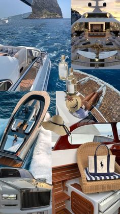 a collage of photos showing the interior and exterior of a motor yacht, including an open cockpit