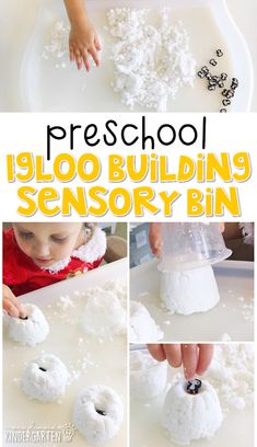 a collage of photos showing how to make snowballs for preschool and homeschool