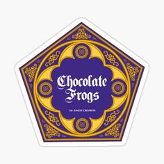 the chocolate frogs sticker is shown in purple and gold with an ornate design on it