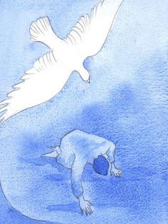 a drawing of a white bird flying over a body of water with a person on it