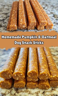 homemade pumpkin and oatmeal dog snack sticks are stacked on top of each other