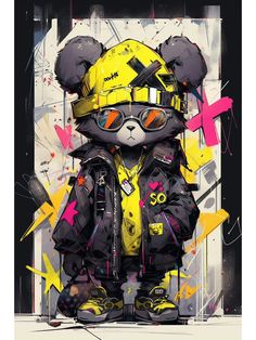 a painting of a teddy bear wearing a yellow hat and jacket with graffiti on the wall behind it