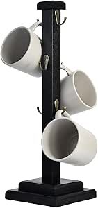 three white cups are hanging on a black stand with two other cups attached to it