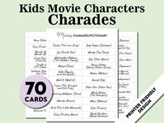 the movie character chart for kids to use in their own book, which includes 70 cards