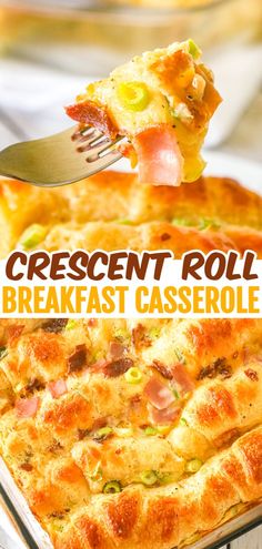 a piece of bread with ham and cheese on it is being lifted from a casserole dish