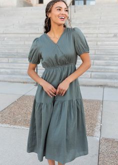 Olive tiered dress with short sleeves Green A-line Cotton Midi Dress, Green V-neck Tiered Spring Dress, Green V-neck Relaxed Fit Midi Dress, Green Relaxed Fit V-neck Midi Dress, Green Midi-length Smocked Dress With Ruffle Hem, Nursing Friendly Dress, Nursing Friendly, Tiered Dress, Medium Length