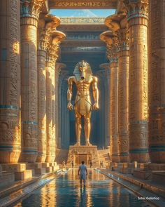 an egyptian statue in the middle of a large hall with columns and statues around it