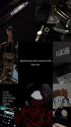 a collage of photos with the words dior written on them and other items