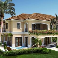 this is an artist's rendering of a house in the tropical style with palm trees