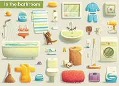 a bathroom scene with various items arranged in the shape of a bathtub and sink