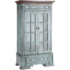 an old blue armoire with glass doors on the front and bottom shelf, against a white background