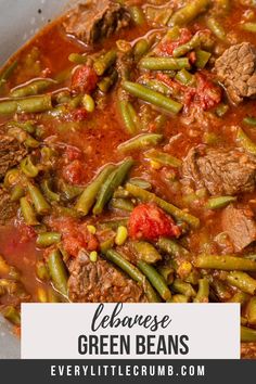 beef and green beans stew in a white bowl with text overlay that reads, chinese green beans