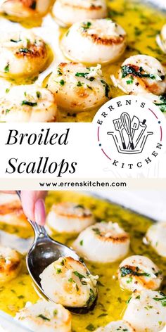 broiled scallops are being spooned into a dish with olive oil and parsley