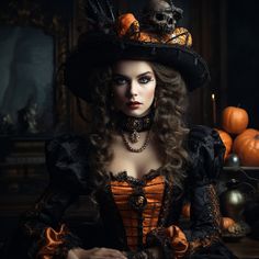 a woman in a black and orange dress with a skull on her head wearing a hat