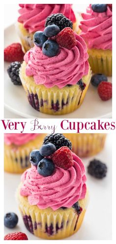 cupcakes with berry frosting and fresh berries on top are ready to be eaten