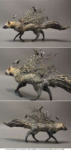 three different views of an animal made out of branches