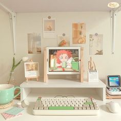 a desk with a computer, keyboard and mouse on it