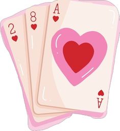 three playing cards with hearts on them are pink and have red numbers in the middle