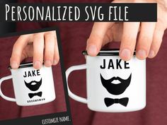 two personalized coffee mugs, one with a mustache and the other with a name