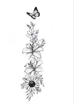 a black and white drawing of flowers with a butterfly flying over it's head