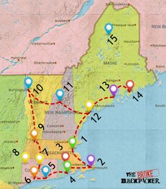 a map showing the route of new hampshire and surrounding towns, with markers pointing in different directions