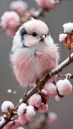 a small bird sitting on top of a tree branch covered in pink and white snow