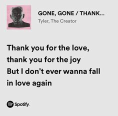 a quote that reads, thank you for the love, thank you for the joy but i don't ever wanna fall in love again