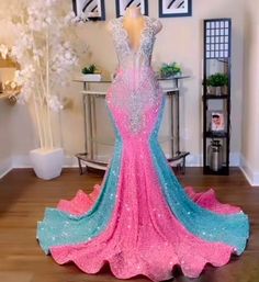 Vibrant Prom Dresses, Green And Pink Prom Dress, Prom Dresses Diamonds, Pink And Blue Prom Dress, Rainbow Prom Dress, Crystal Birthday Party, Colorful Prom Dresses, Crystal Birthday, Gown Green