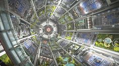 the inside of a futuristic building with lots of windows and plants growing on it's sides