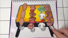 a drawing of some meats and vegetables on a grill with a person cutting them