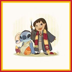 a cartoon character holding a wand next to a stuffed animal with a scarf around it's neck