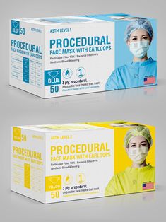 two boxes with surgical masks on them, one in yellow and the other in blue