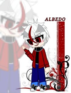 an anime character is standing in front of a red and white background with the word albeo on it