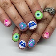 Disney Character Gel Nails, Disney Up Nails Art, Pixar Nails Short, Disney Character Nails Short, Different Disney Character Nails, Cute Character Nail Designs, Simple Short Disney Nails, Aesthetic Disney Nails Short, Boo Monsters Inc Nails