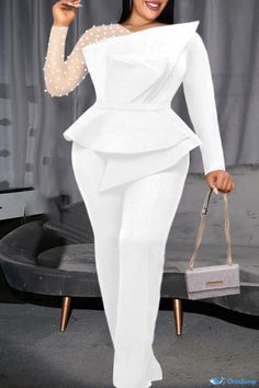 OrcaJump - Plus Size White Solid Patchwork Beaded O-Neck Jumpsuit Luxury Jumpsuits, Beaded Jumpsuit, Cocktail Jumpsuit, Pleated Jumpsuit, Party Outfits For Women, Banquet Dresses, Overall Jumpsuit, Hijabi Style, Jumpsuit Outfit