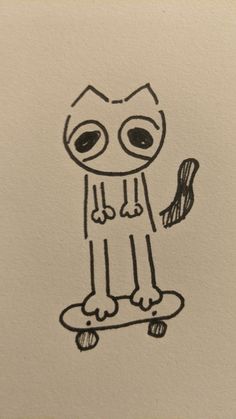 a drawing of a cat on a skateboard with big eyes and one eye open