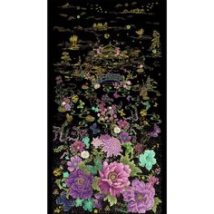 an image of flowers on a black background with butterflies and other things in the background