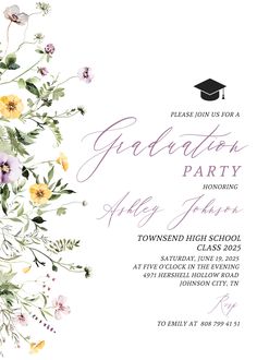 Wildflower Graduation Invitation Template Class 2023 Photo Wildflower Graduation Party Invitation Printable High School Graduation Invite W4 Wildflower Graduation Party, Boho Graduation, Fun Wedding Programs, Graduation Invitation Cards, Graduation Invitations High School, Class 2023, Wedding Timeline Template, Unique Wedding Programs